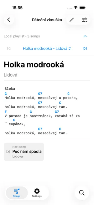 A set list playing Holka modrooká, with the next song shown underneath.