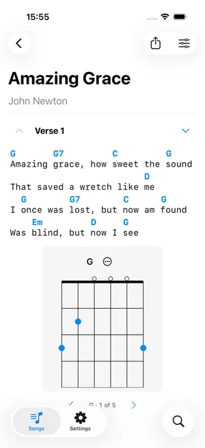 Amazing Grace with chords above the lyrics and a G chord diagram below.
