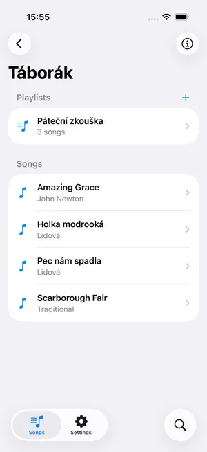 A songbook called Táborák on iPhone, holding a set list and four songs.
